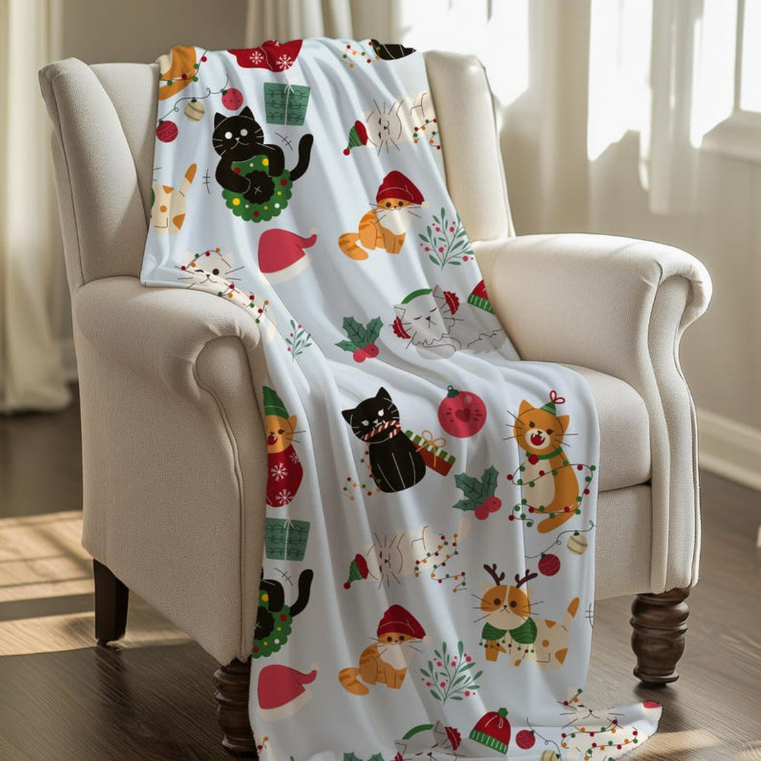 FUNSTUFFPRINT Christmas Cat Blanket for Cat Lovers, Cozy Fuzzy Throw Blanket, Cat Themed Gift, Cat Mom or Dad, Pet Owner Gift by