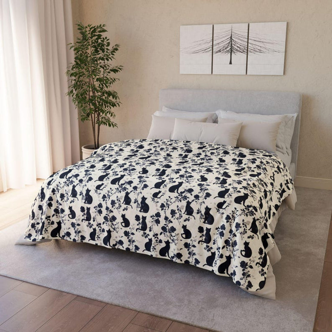 FUNSTUFFPRINT Floral Black Cat Sherpa Blanket - Soft Cozy Throw for Kids & Adults - Home Decor - Cute Cate Blanket Gift by