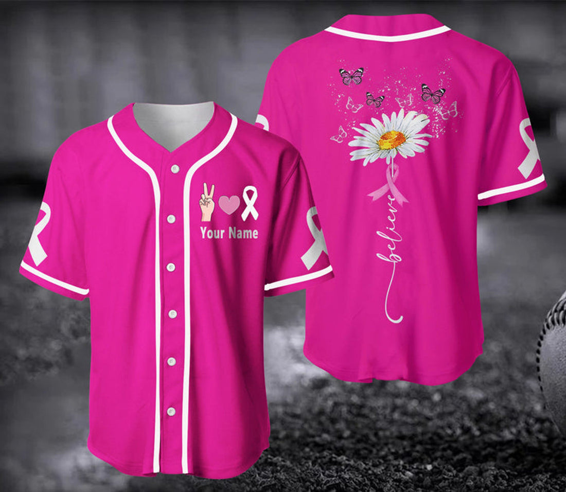 Custom Peace Love Cure Jersey, In October We Wear Pink Jersey, Personalized Breast Cancer Awareness Baseball Jerseys