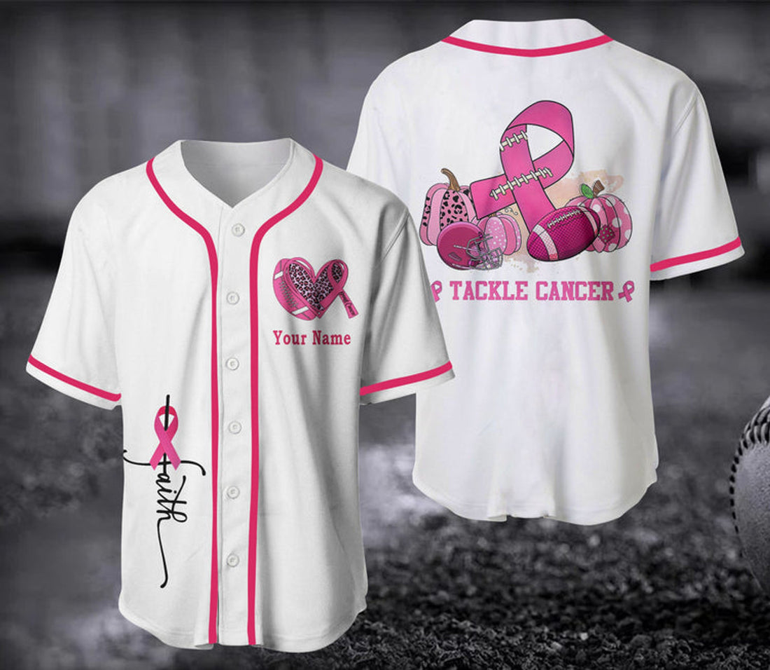 Cancer Awareness, Personalized Breast Cancer Awareness Baseball Jersey Shirt S-5XL
