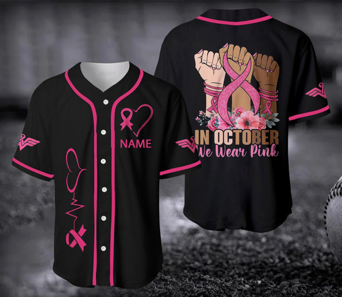 Custom Personalized Hand In October We Wear Pink Breast Cancer Baseball Jersey