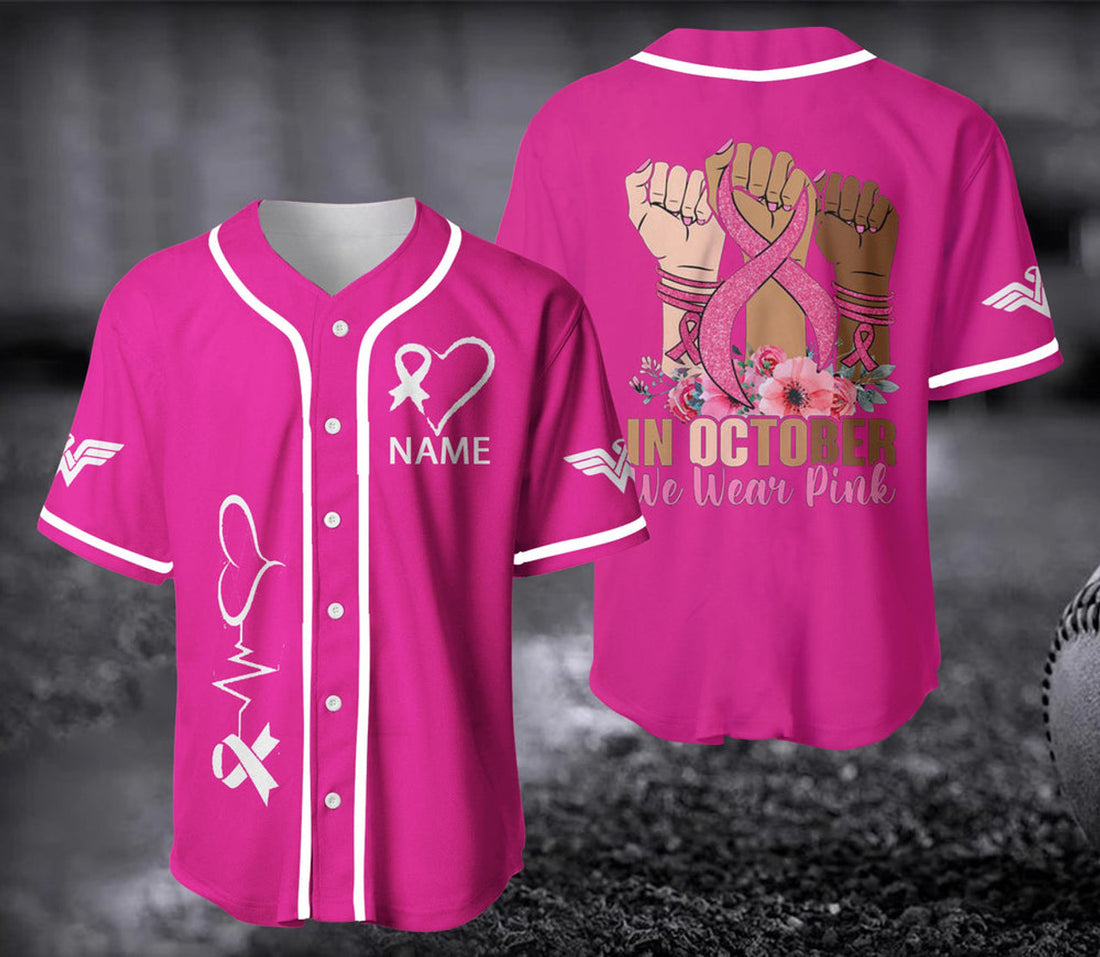 Custom Personalized Hand In October We Wear Pink Breast Cancer Baseball Jersey