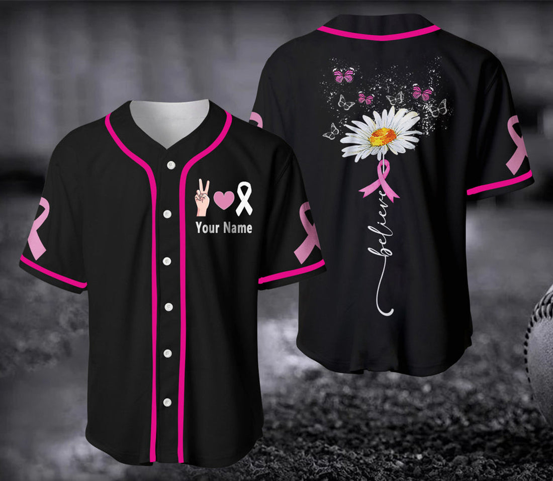Custom Peace Love Cure Jersey, In October We Wear Pink Jersey, Personalized Breast Cancer Awareness Baseball Jerseys