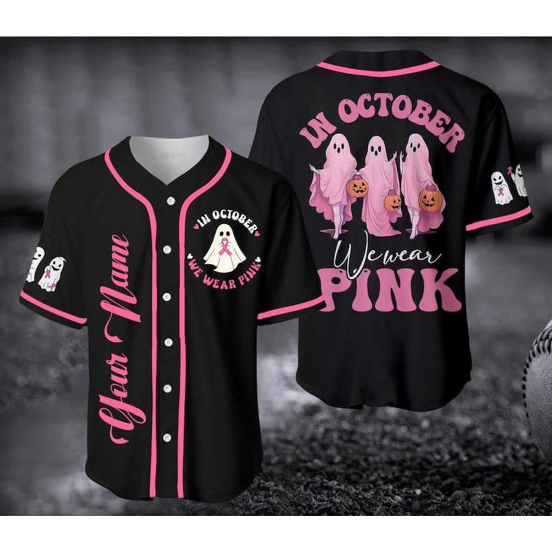 Custom In October We Wear Pink Baseball Jersey, Personalized Name Breast Cancer Awareness Shirt