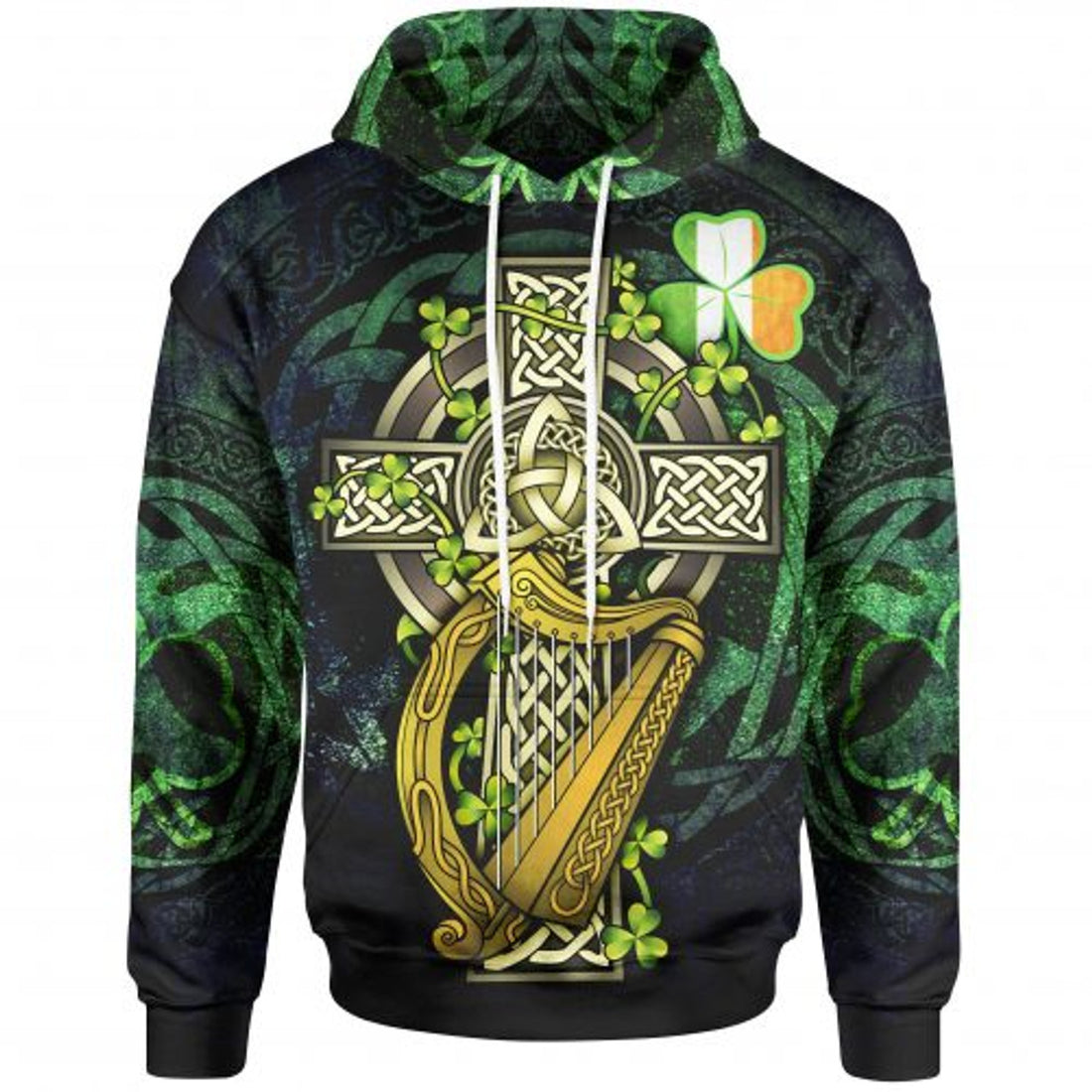 FUNSTUFFPRINT Irish Celtic Cross Harp Blue Wolf 3D All Over Hoodie 3D Hoodie and Zip Hoodie