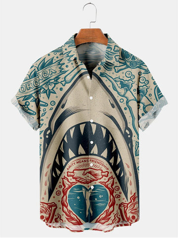 Hawaiian Vintage Shark Print Men's hawaiian Shirt, independence day hawaiian shirt