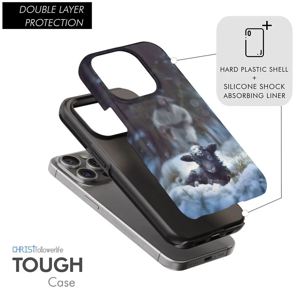 Jesus Running to Rescue a Lost Sheep in a Snowy Forest Phone Case