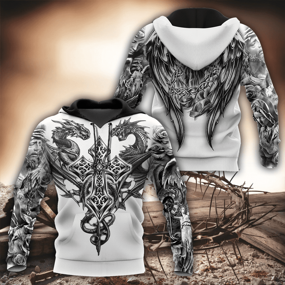 FUNSTUFFPRINT Jesus Christ Cross And Dragons 3D Hoodie and Zip Hoodie