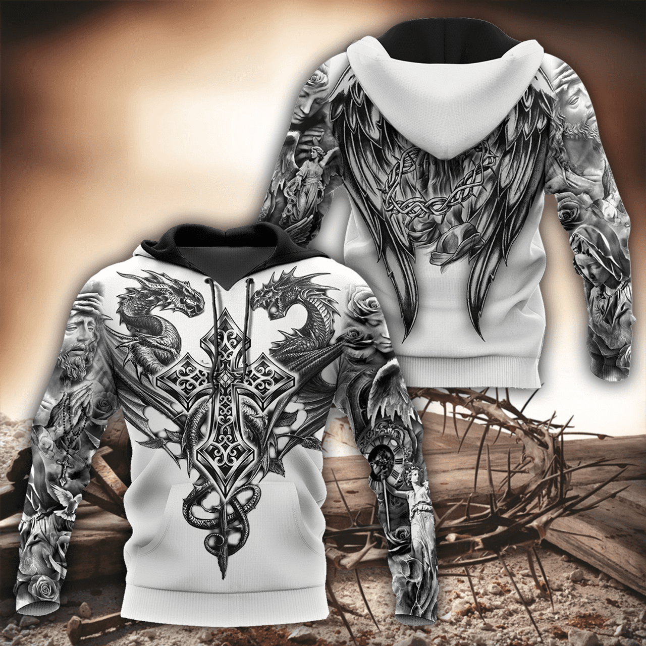 FUNSTUFFPRINT Jesus Christ Cross And Dragons 3D Hoodie and Zip Hoodie