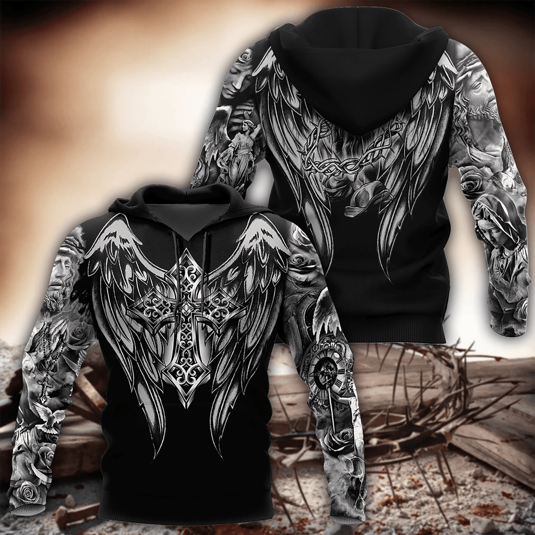 FUNSTUFFPRINT Jesus Christ Cross And Wings Black 3D Hoodie and Zip Hoodie