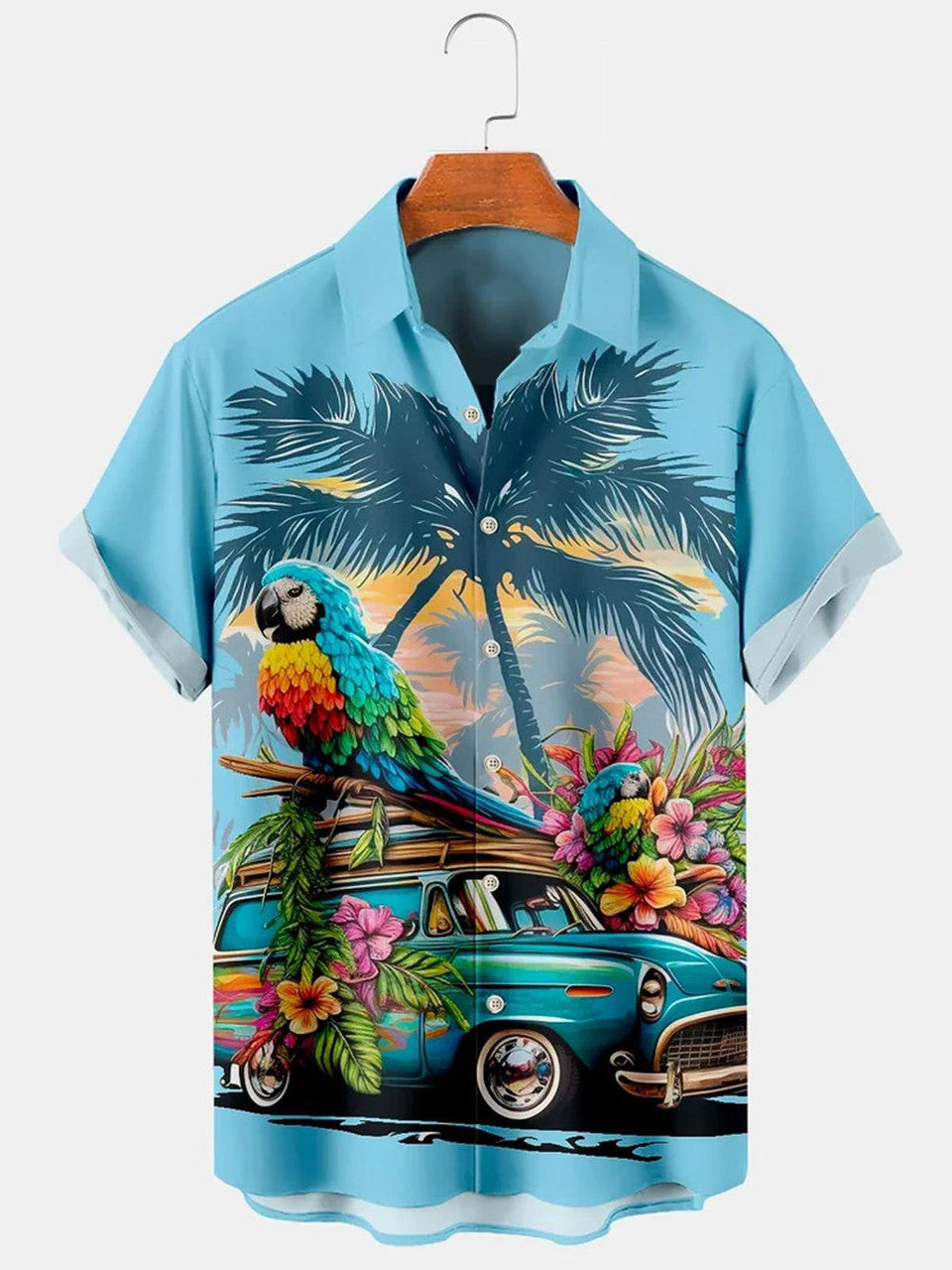 Hawaiian Coconut Palm Parrot Car Men's Shirts