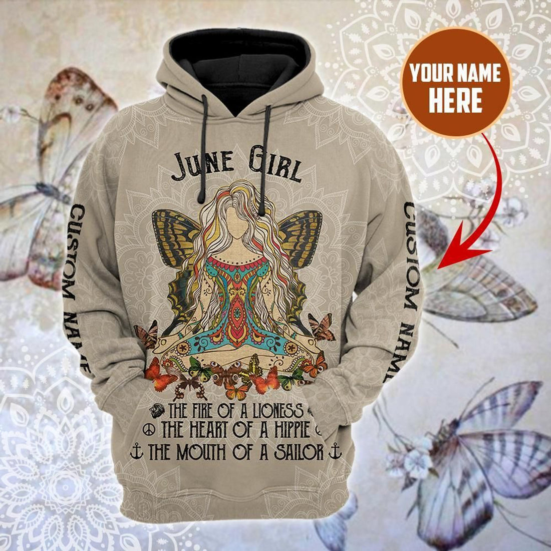 FUNSTUFFPRINT Customize Name June Girl Hippie 3D Hoodie and Zip Hoodie
