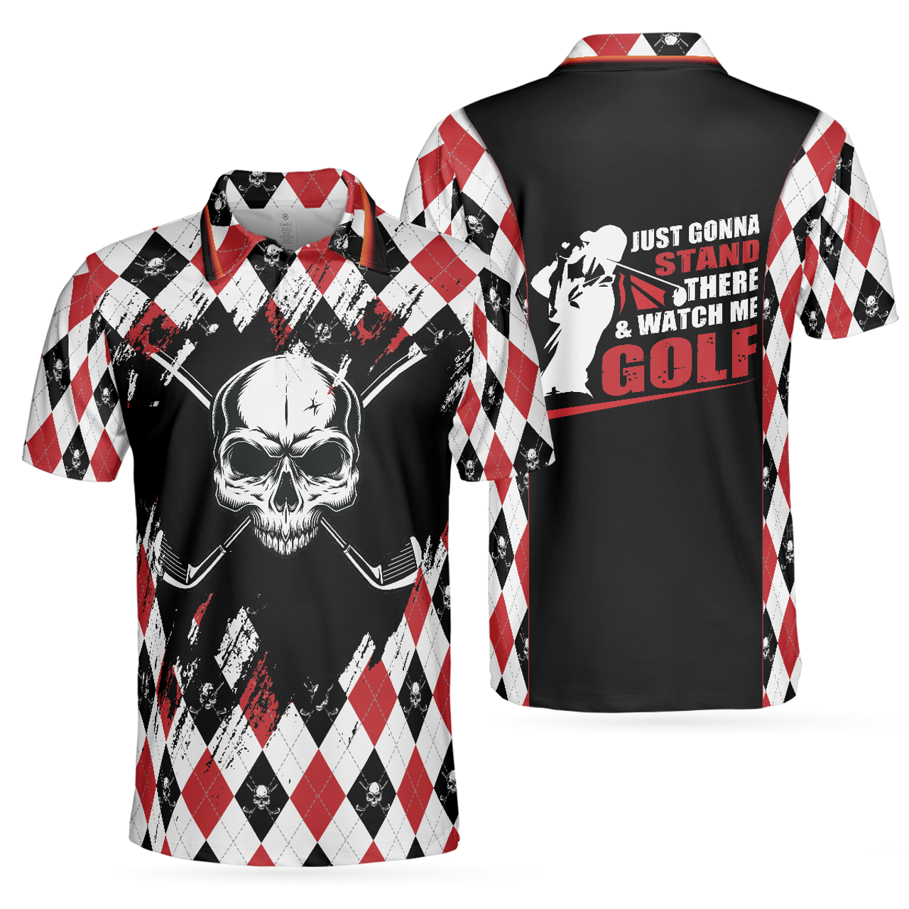 Just Gonna Stand There And Watch Me Golf Polo Shirt, Argyle Pattern Skull Golf Shirt For Men