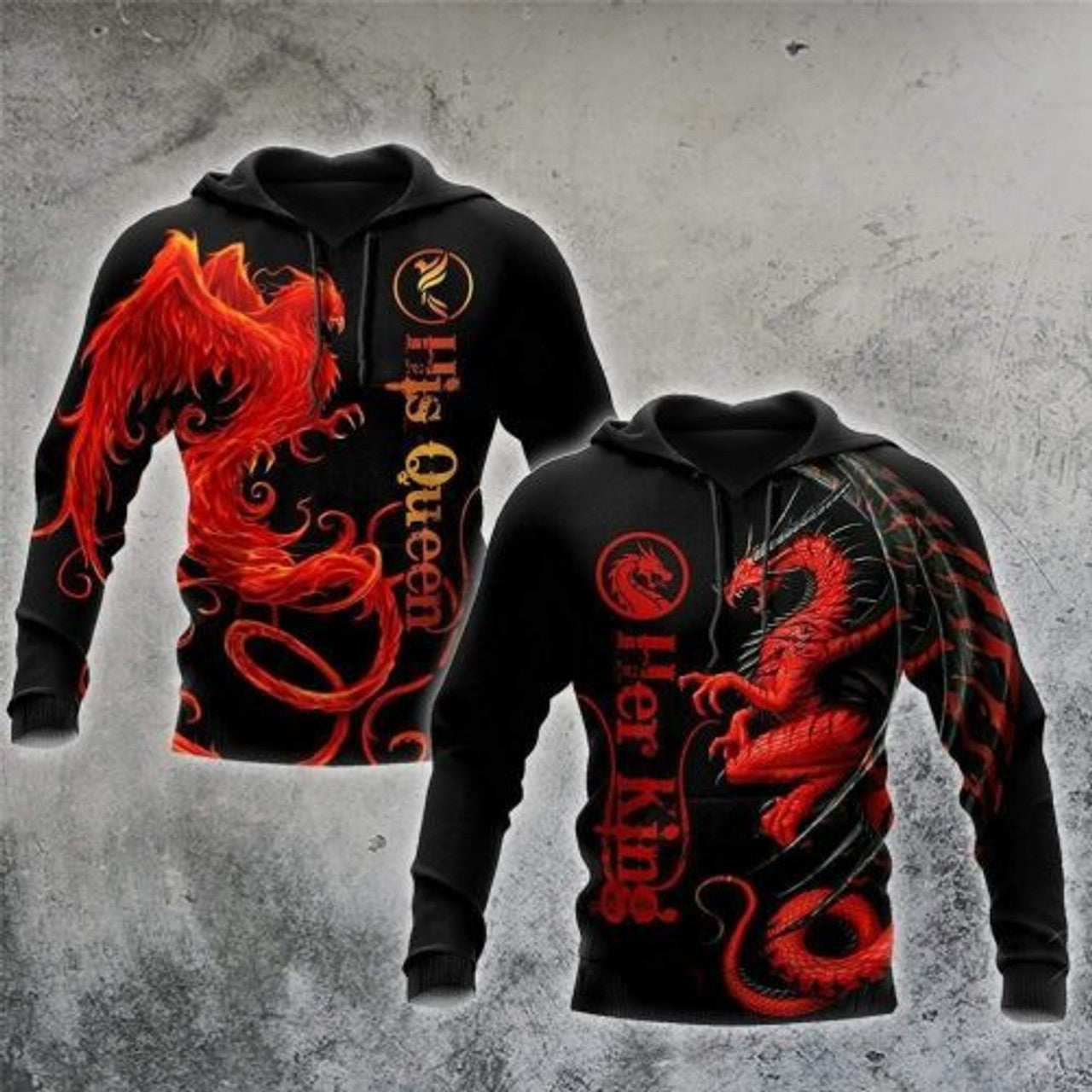 FUNSTUFFPRINT Dragon Phoenix Couple 3D All Over Hoodie Her King His Queen 3D Hoodie and Zip Hoodie