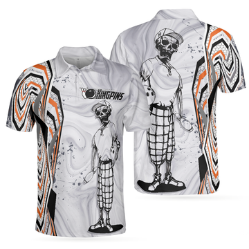 Kingpin Bowling Skull Polo Shirt, Digital Graphic Skeleton Bowling Player Polo Shirt, Best Bowling Shirt For Men