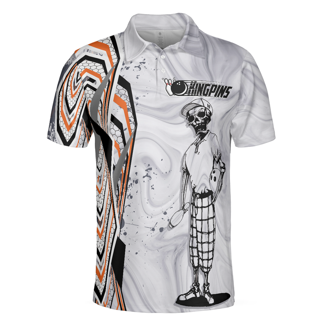 Kingpin Bowling Skull Polo Shirt, Digital Graphic Skeleton Bowling Player Polo Shirt, Best Bowling Shirt For Men