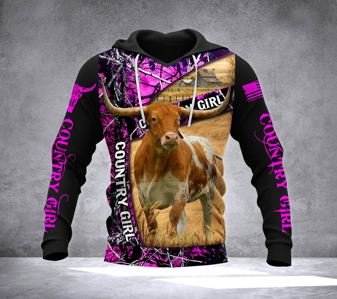 FUNSTUFFPRINT LDM Camo Texas Longhorn Cattle Country Girl 3D Hoodie and Zip Hoodie