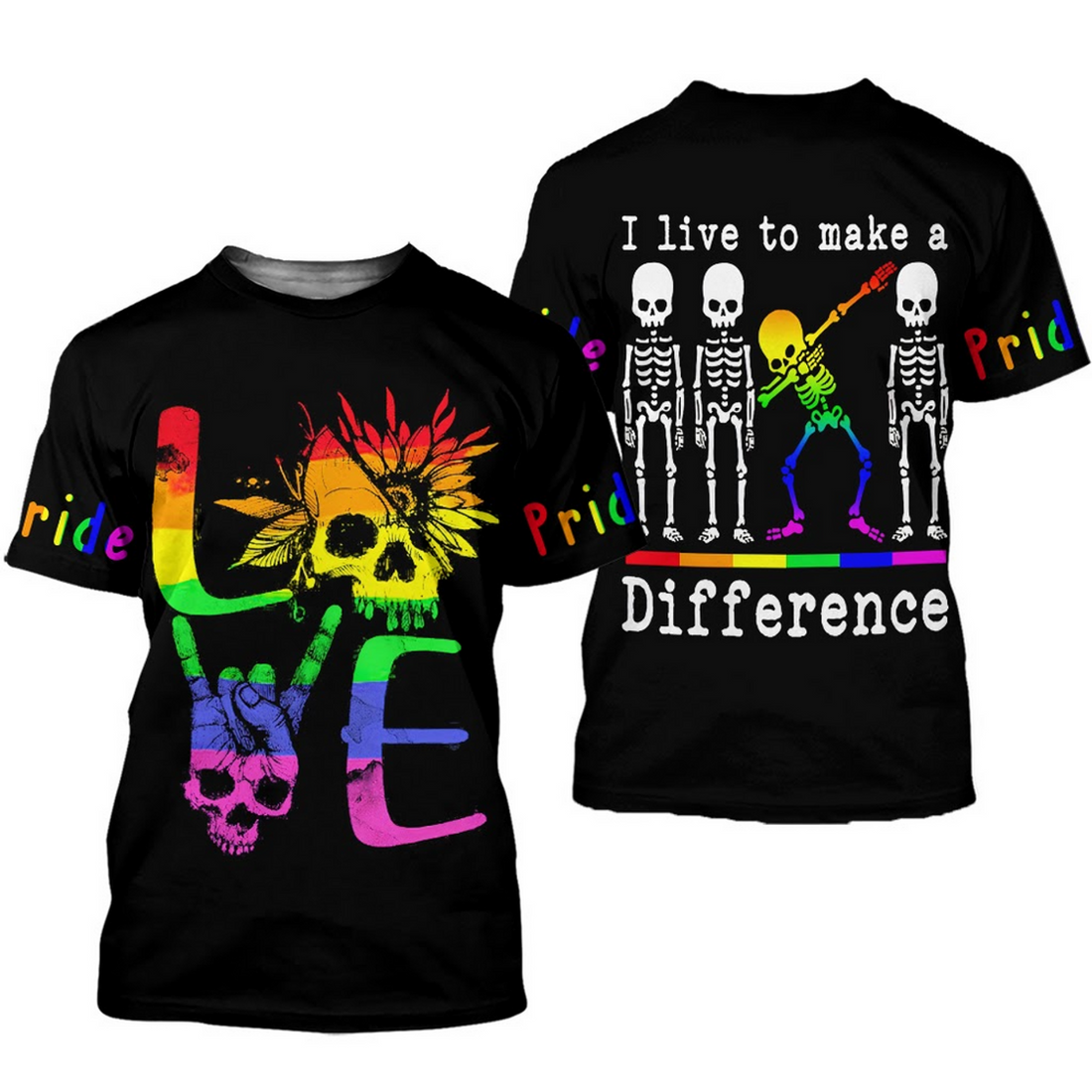 FUNSTUFFPRINT Pride Shirt For Women, Skulls Pride Shirt For Men, I Live To Make A Difference LGBTQ Pride Shirt 3D T-shirt
