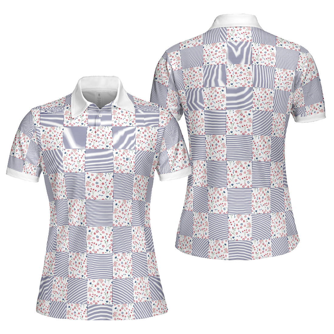 Little Flowers Blue Pink Plaid Short Sleeve Women Polo Shirt