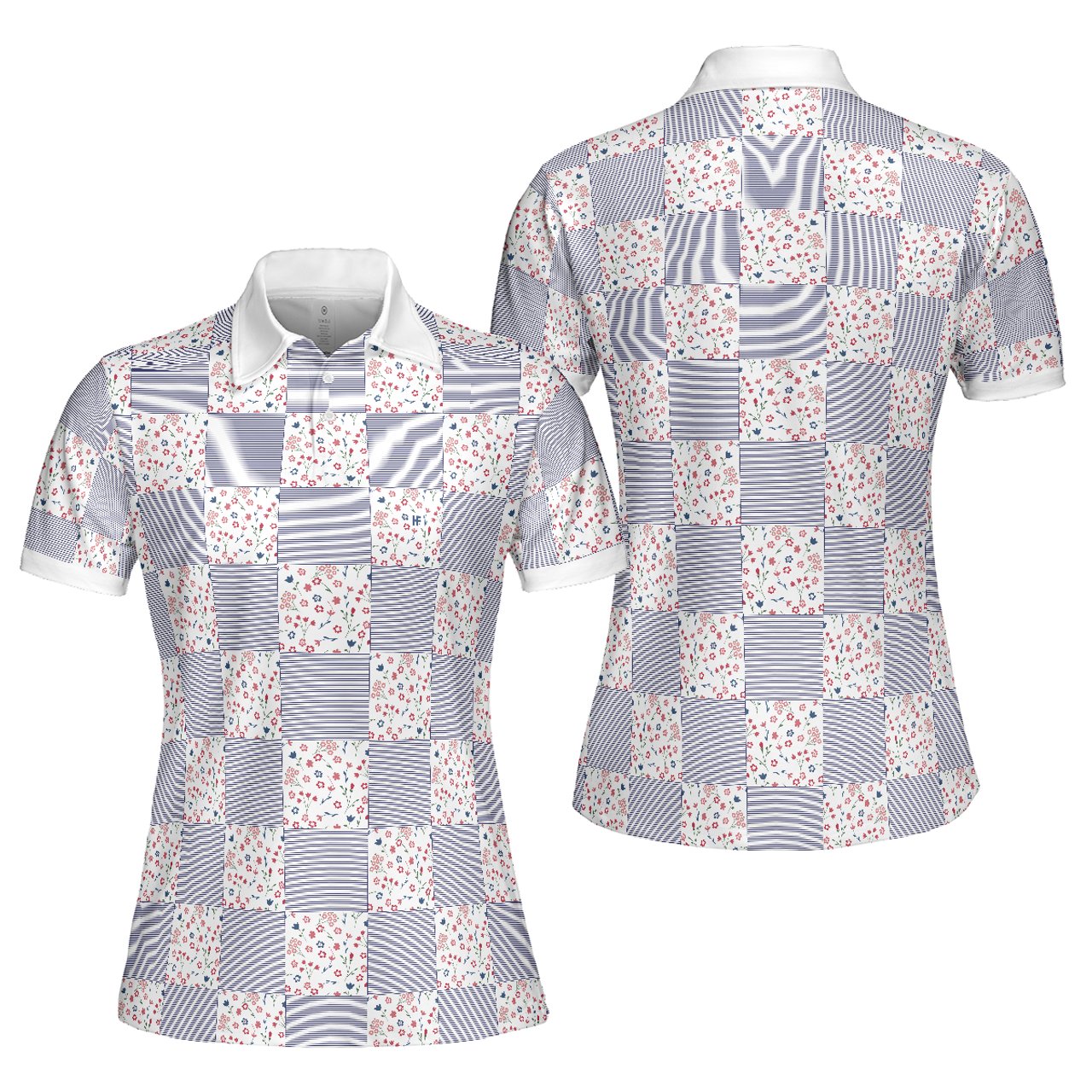 Little Flowers Blue Pink Plaid Short Sleeve Women Polo Shirt