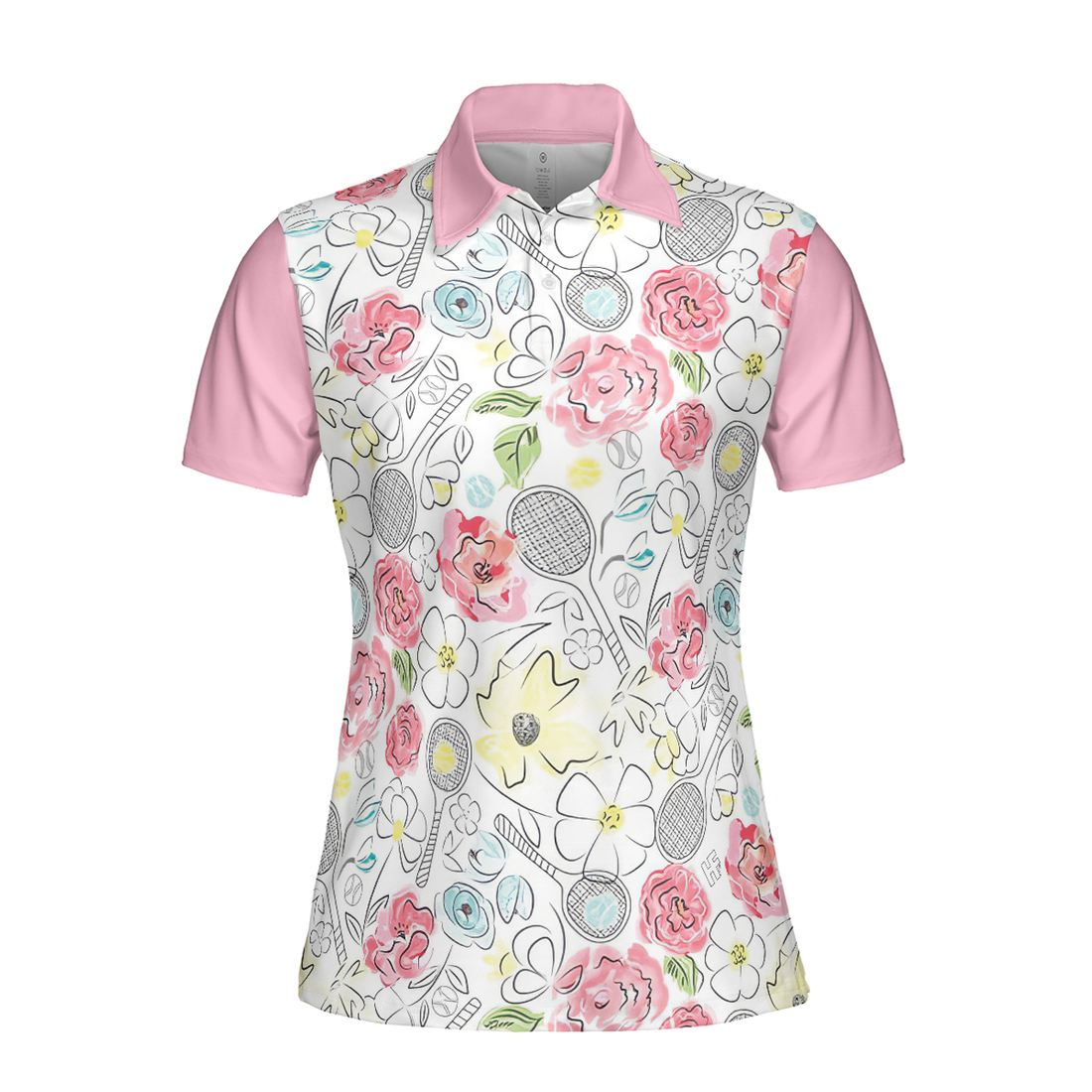 Lovely Pink Floral Tennis Pattern Short Sleeve Women Polo Shirt