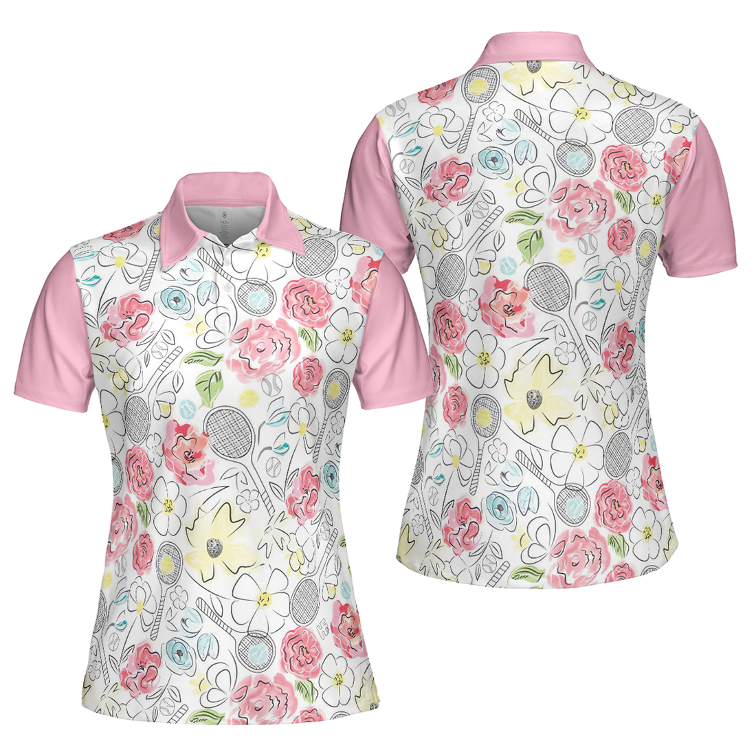 Lovely Pink Floral Tennis Pattern Short Sleeve Women Polo Shirt