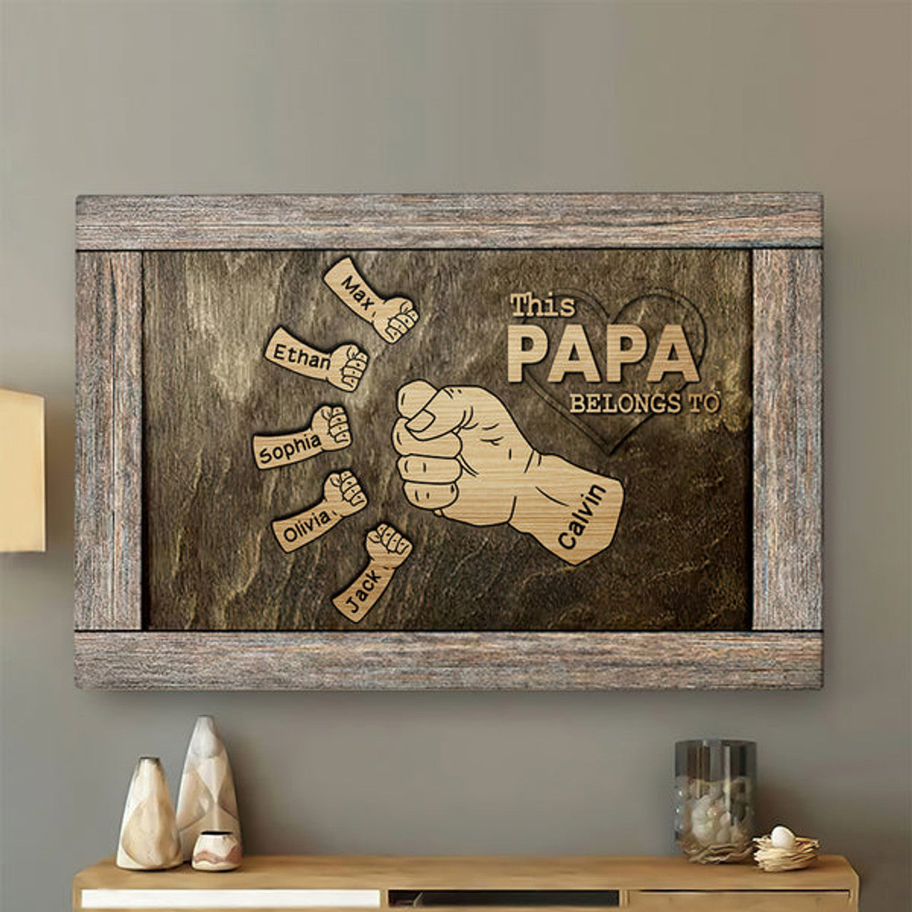 Personalized Papa Canvas Wall Art - Custom Name Dad & Kids Hands Flag Canvas - Gift Father Day 