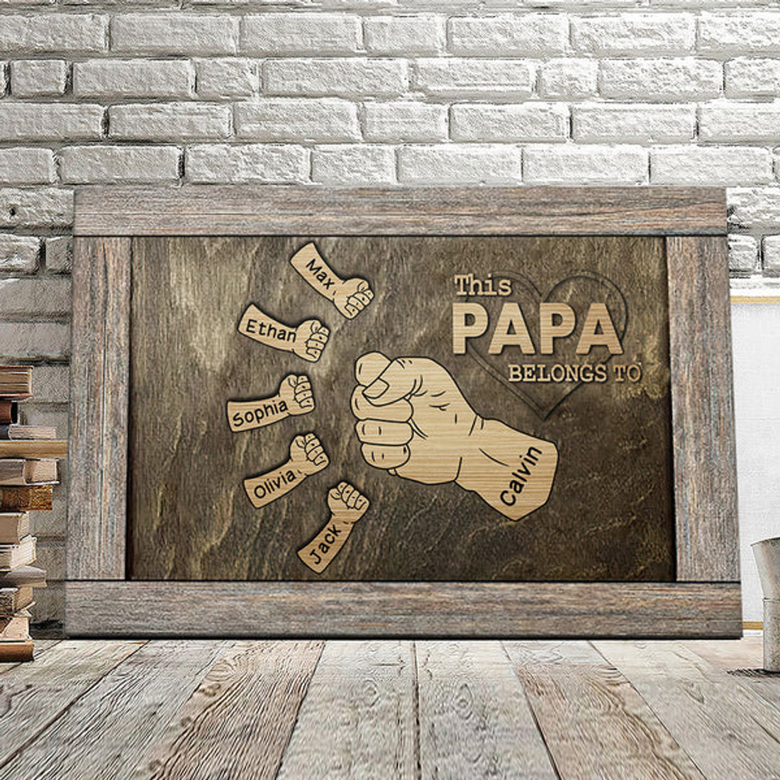 Personalized Papa Canvas Wall Art - Custom Name Dad & Kids Hands Flag Canvas - Gift Father Day 