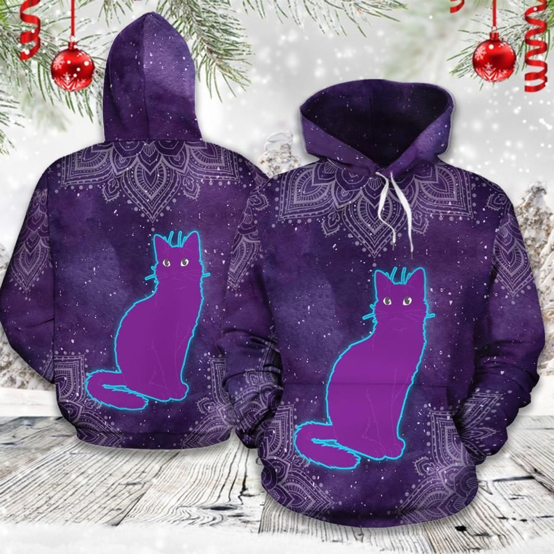 FUNSTUFFPRINT Mandala Night Cat 3D Hoodie and Zip Hoodie