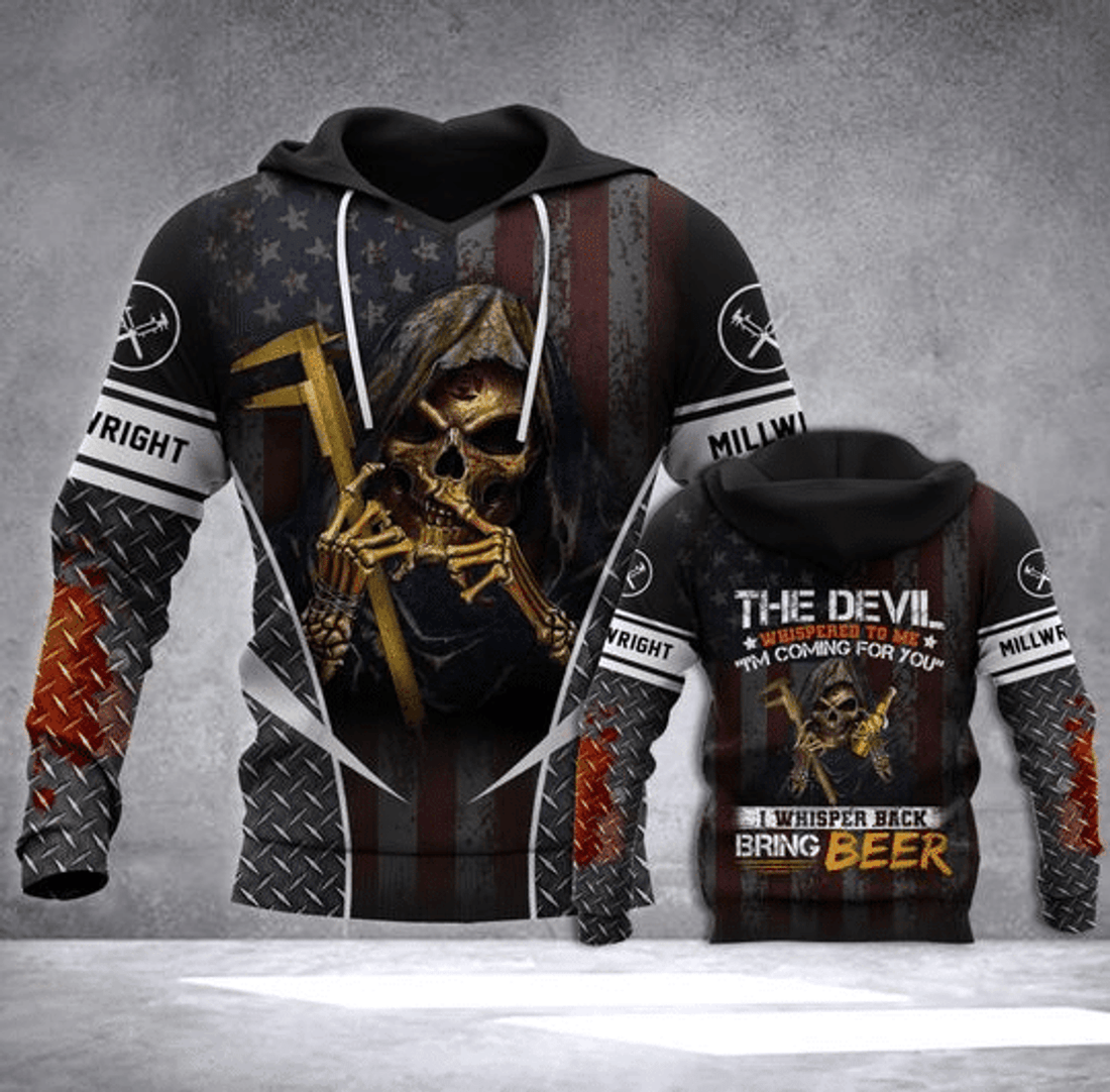 FUNSTUFFPRINT Millwright Clothing Awesome Millwright Skull Bones With American Flag 3D Hoodie and Zip Hoodie