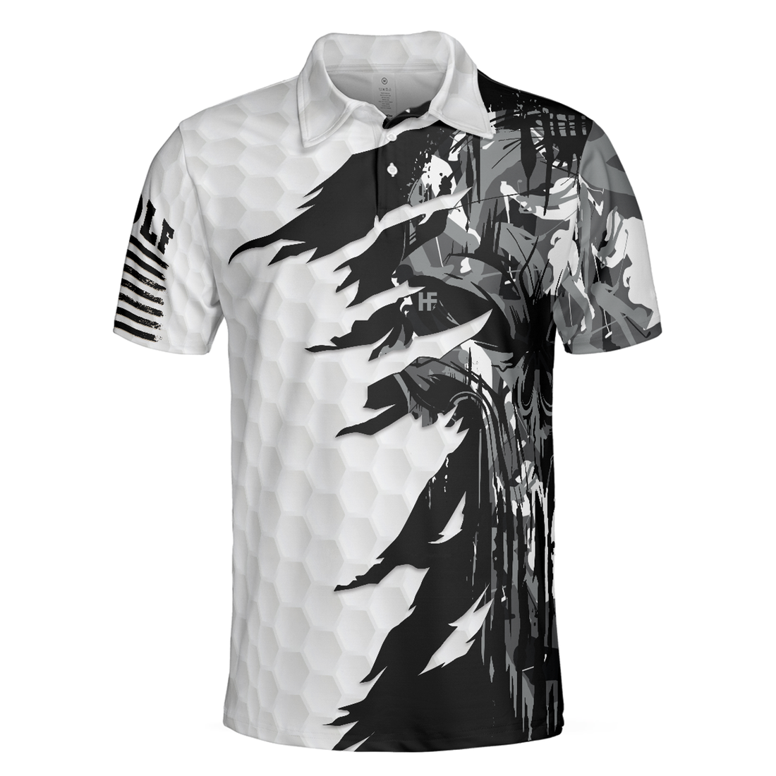 Men Polo Shirt - Black & White Ripped Vintage Golfing Clubs Skull Camouflage Polo Shirt, American Flag Polo Shirt, Camo Golf Shirt For Men