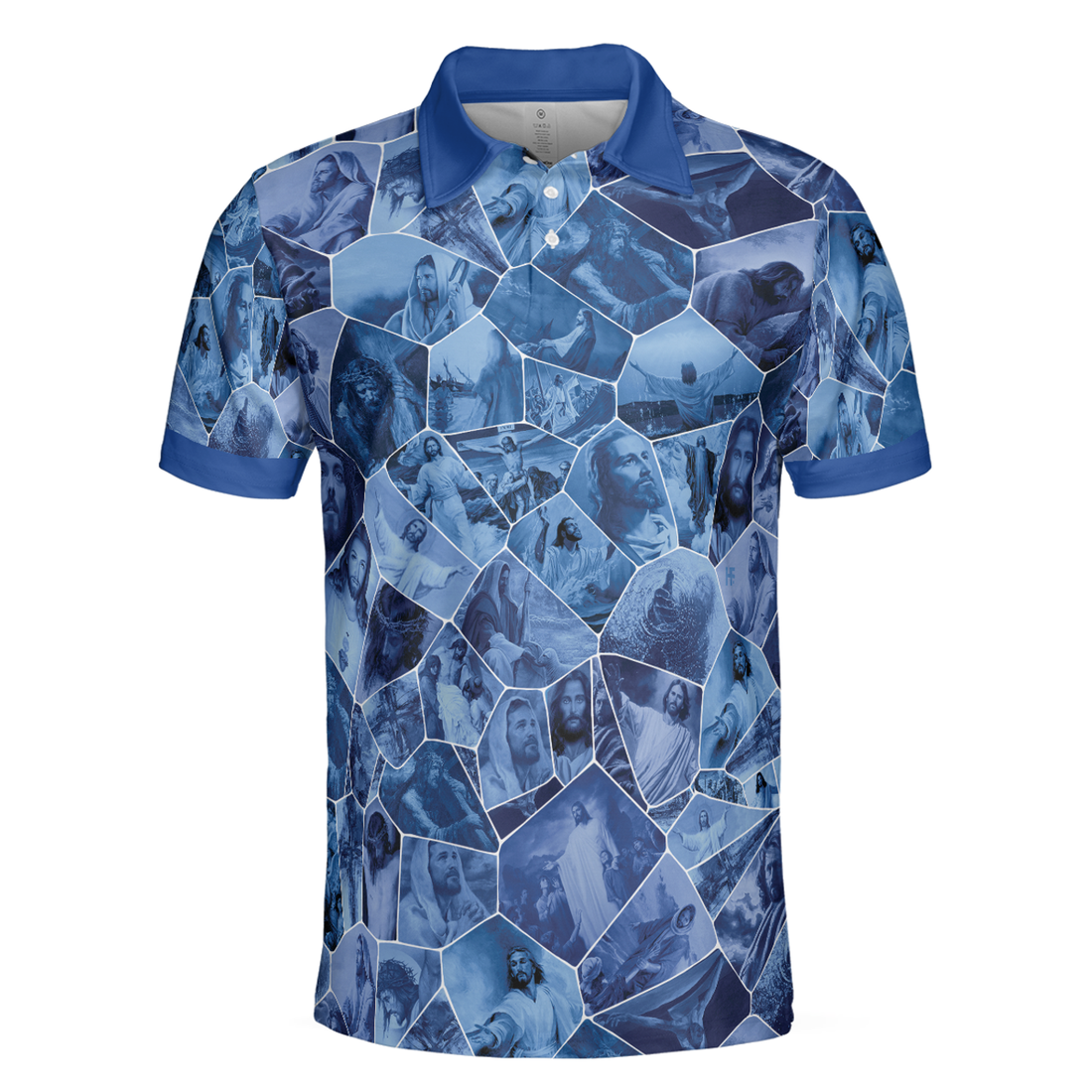 Holy Blue Stained Glass Men Polo Shirt, Blue Jesus Gallery Polo Shirt, Best Christian Shirt For Men