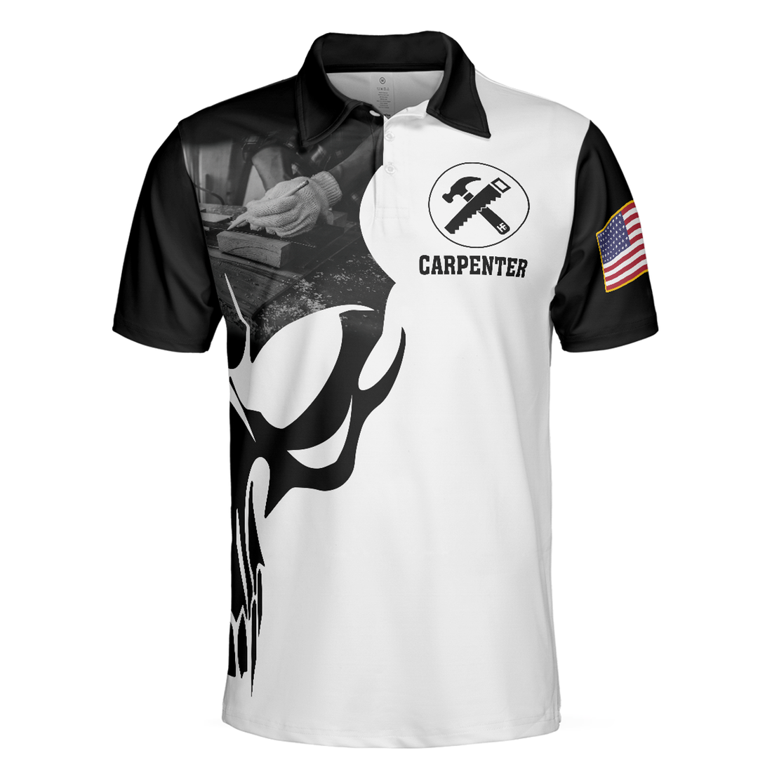 Carpenter Proud Skull Short Sleeve Black And White Polo Shirt, American Flag Polo Shirt, Best Carpenter Shirt For Men