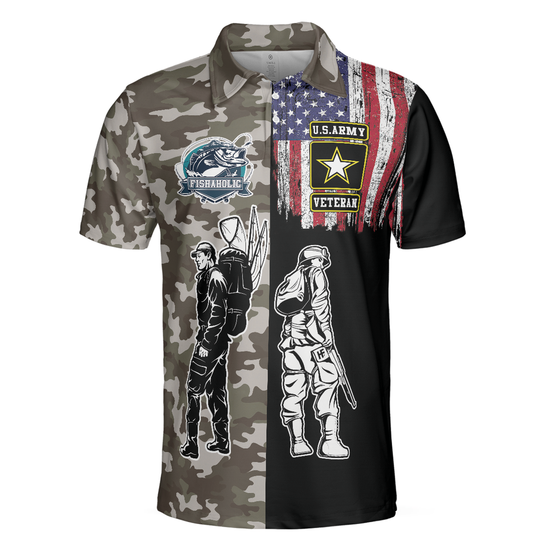 Veteran Fishing With American Flag Polo Shirt, Camouflage Veteran Fisher Sketching Polo Shirt, Patriotic Fishing Shirt For Men - Perfect Gift For Men