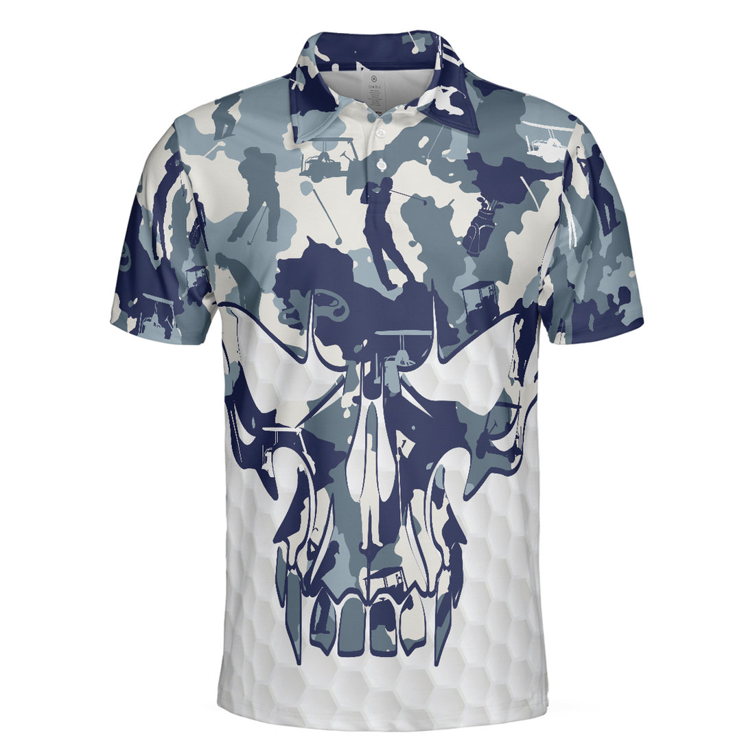 Men Polo Shirt - Blue And White Camouflage Golf Set Short Sleeve Skull Golf Polo Shirt, Best Camo Golf Shirt For Men