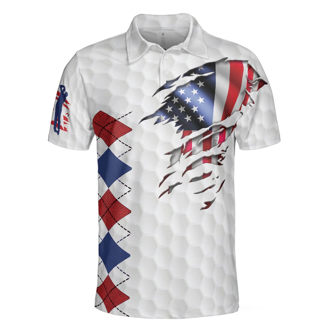 Golf American Flag Argyle Men Polo Shirt, White Golf Texture American Flag Polo Shirt, Patriotic Golf Shirt For Men, Best Gift For Golfers