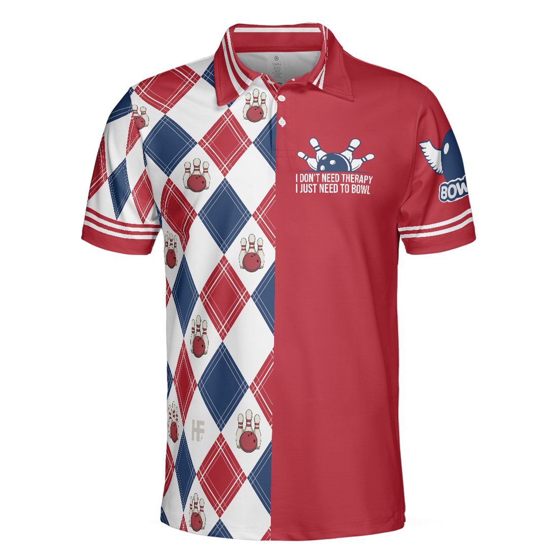 I Don't Need Therapy I Just Need To Bowl Polo Shirt, Argyle Pattern Bowling Shirt For Men, Gift For Bowling Lovers