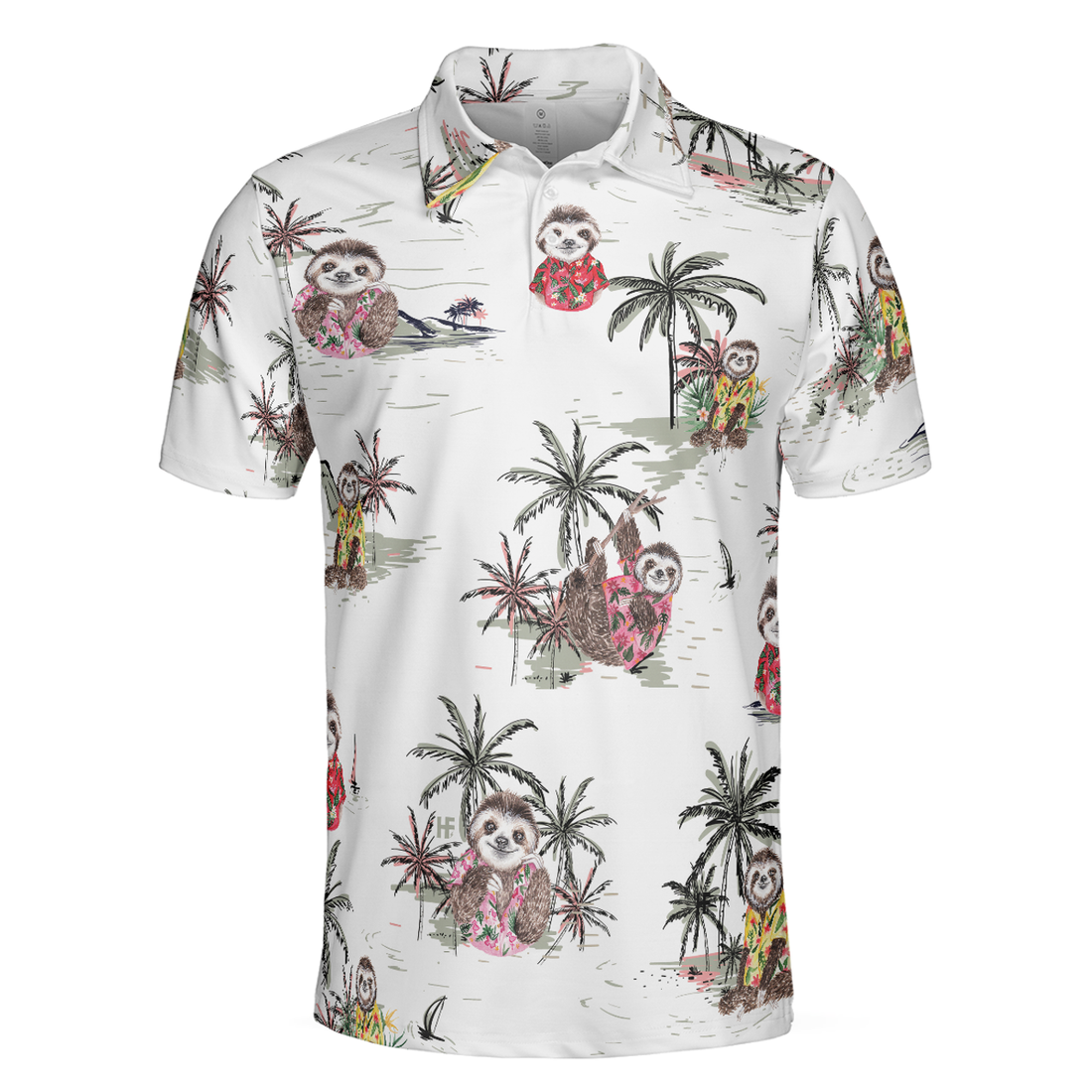 Cute Sloth With Tropical Plants Polo Shirt, White Tropical Sloth Shirt For Men And Women, Sloth Summer Shirt Design