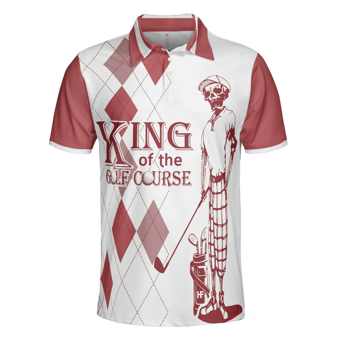 Custom Red Argyle Pattern Skeleton Golfer Men Polo Shirt, King Of The Golf Course Golf Polo Shirt, Best Golf Shirt For Male
