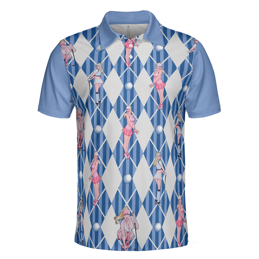 Men Polo Shirt - Blue Hot Golf Short Sleeve Polo Shirt, Argyle Pattern Fun Golf Shirt For Men