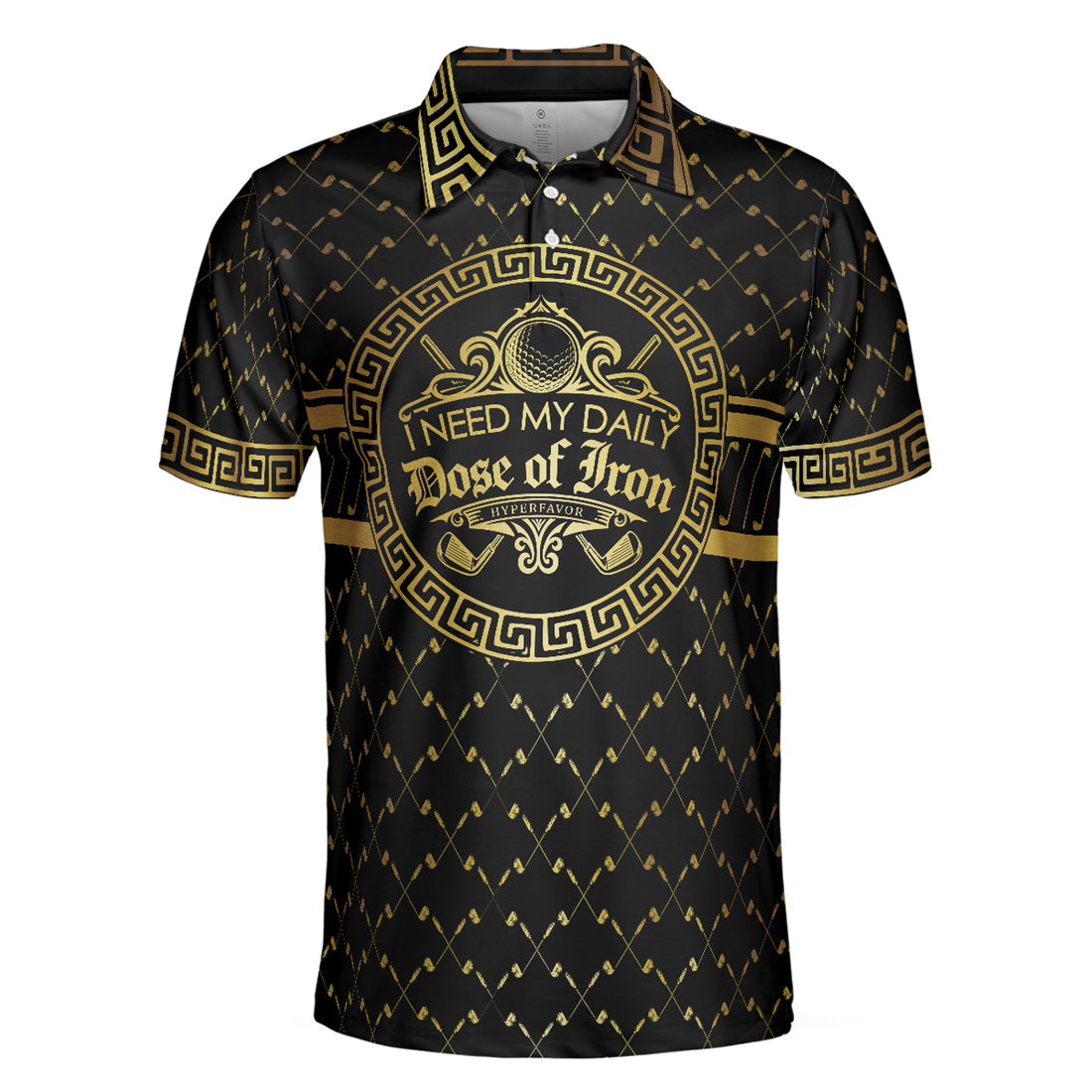 Golf Men Polo Shirt, I Need My Daily Dose Of Iron Black & Gold Polo Shirt, Luxury Golden Greek Golf Shirt For Men