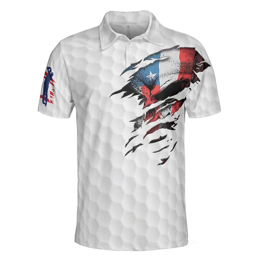 Golf Skull American Flag Short Sleeve Polo Shirt, White Golf Pattern Polo Shirt, Patriotic Golf Shirt For Men, Best Gift For Golfers