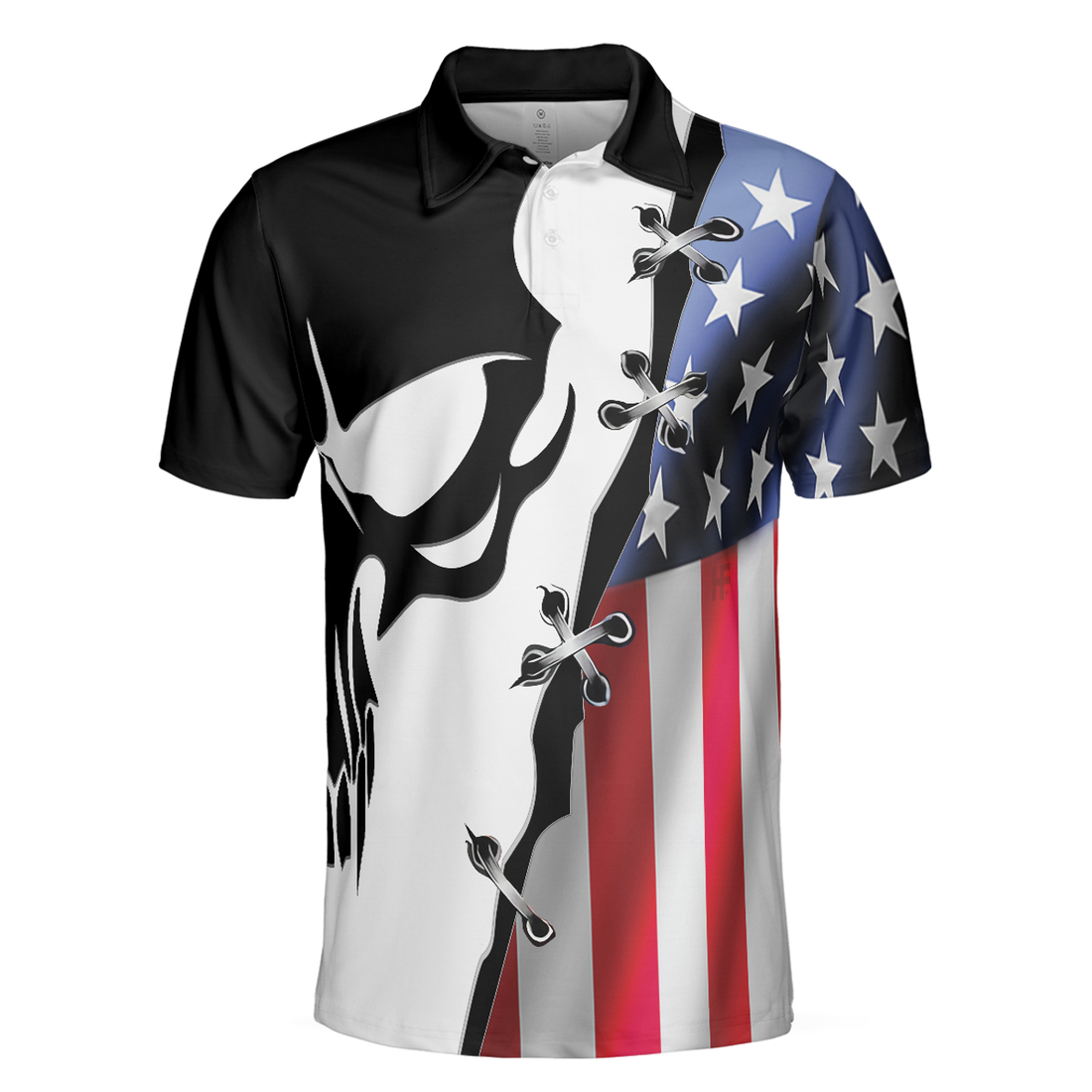 Men Polo Shirt - Black Skull Billiards Short Sleeve Polo Shirt, American Flag Polo Shirt, Best Billiards Shirt For Men