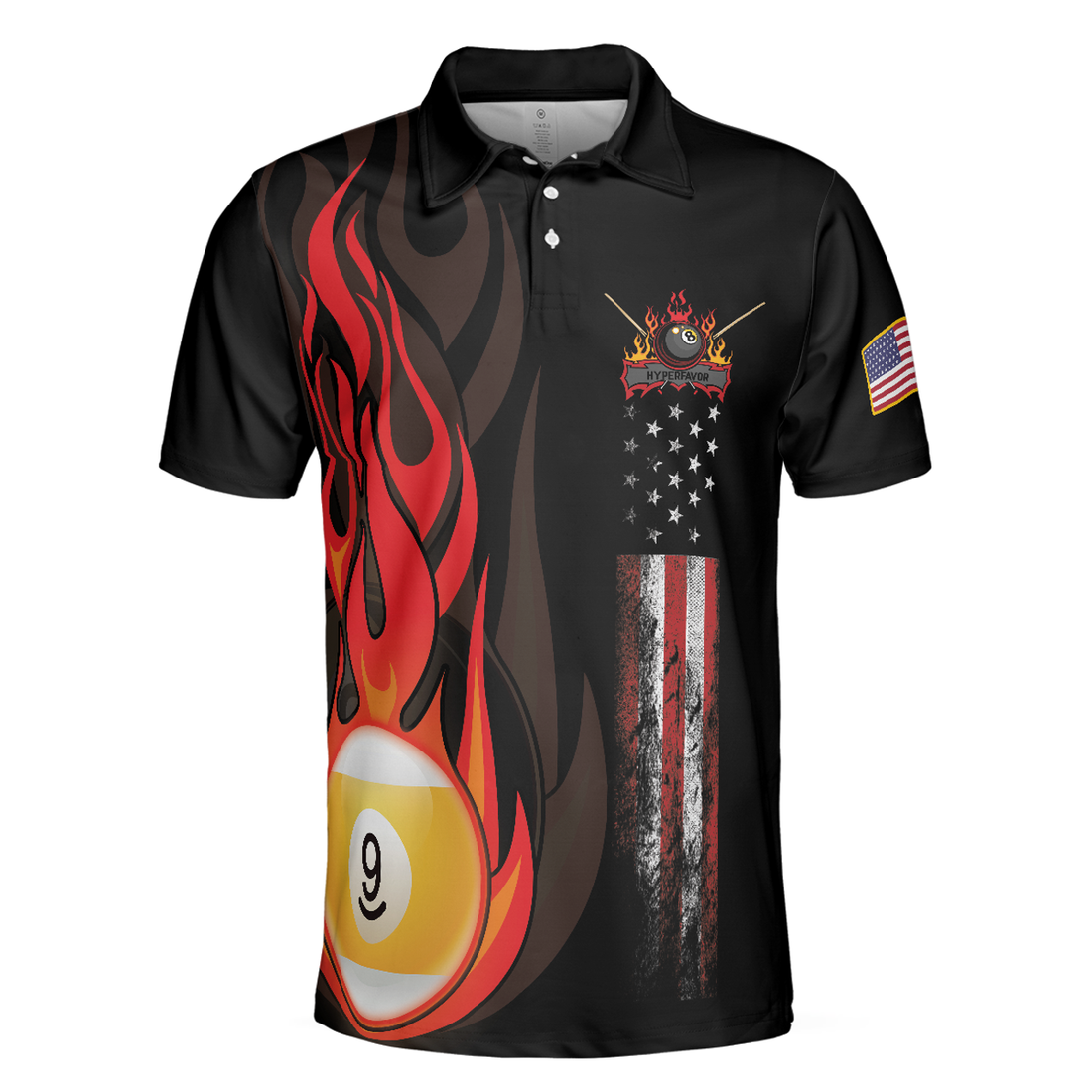 Flame 9 Ball Billiards Pool Men Polo Shirt, American Flag Billiards Shirt For Men, Gift For Pool Players