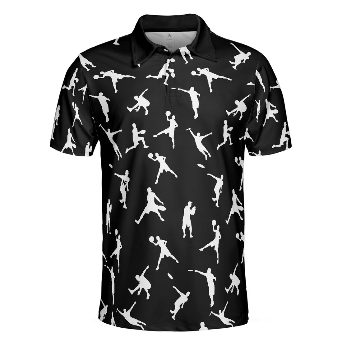 Silhouette Playing Disc Golf Polo Shirt, Black And White Disc Golfer Pattern Polo Shirt, Disc Golf Shirt For Men