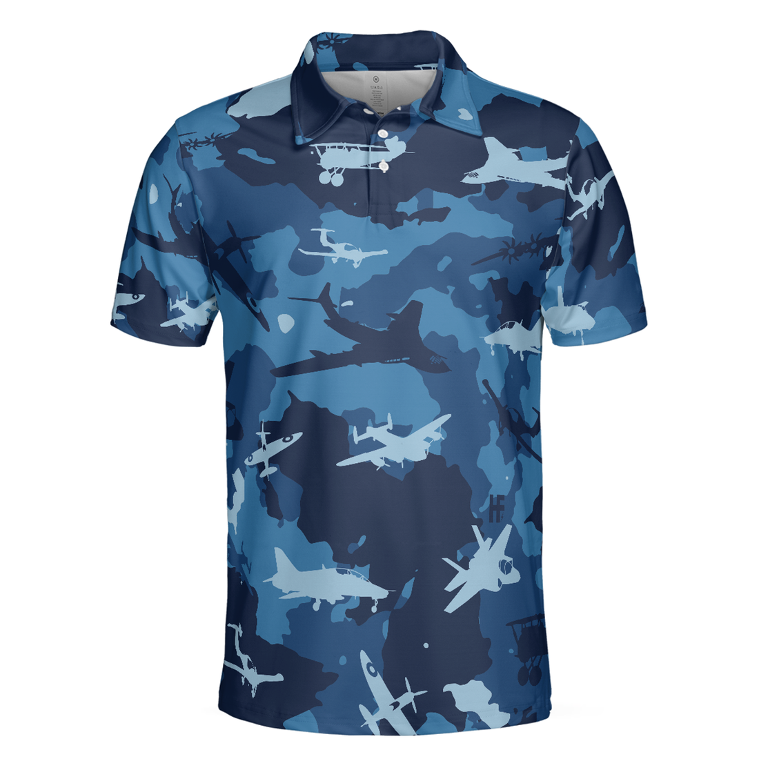 Army Men Polo Shirt, Aircraft Ocean Blue Camouflage Short Sleeve Polo Shirt, Best Camo Shirt For Men