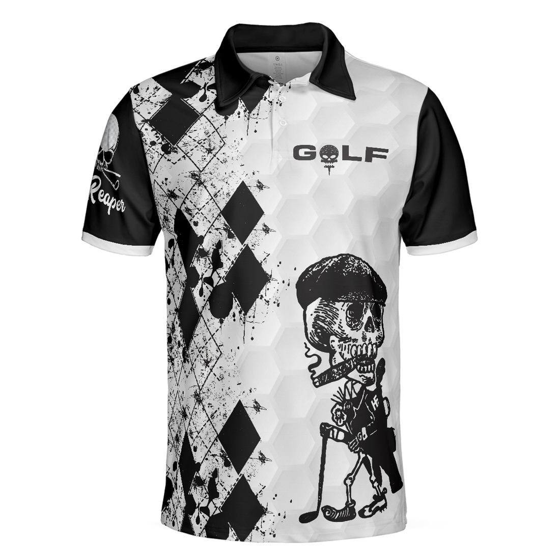 Skull Golf Reaper Polo Shirt, Black And White Argyle Pattern Polo Shirt, Best Golf Shirt For Men - Perfect Gift For Men, Golfers