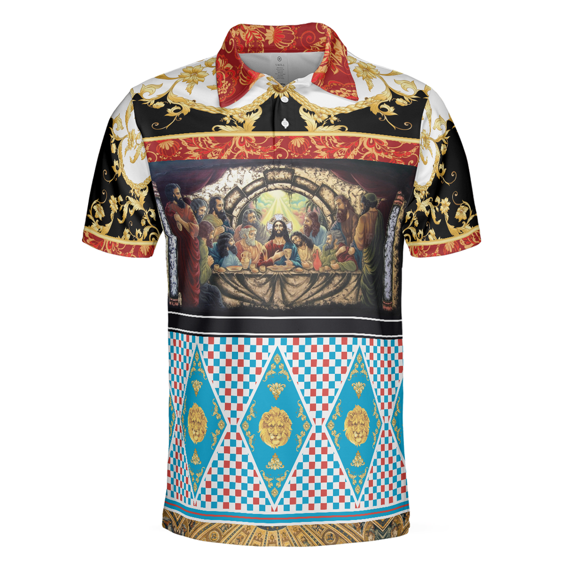 The Last Supper Renaissance Pattern Polo Shirt, Luxury Gold Brocade Pattern Christian Shirt For - Perfect Gift For Men