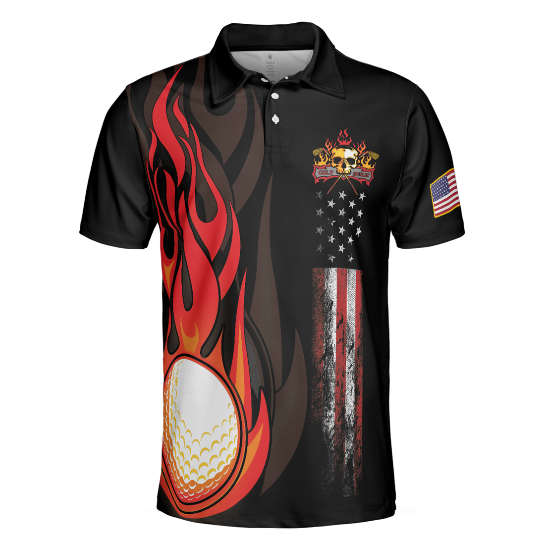 Golf Flame Skull Short Sleeve Golf Men Polo Shirt, Black American Flag Golf Shirt For Men, Cool Gift For Golfers
