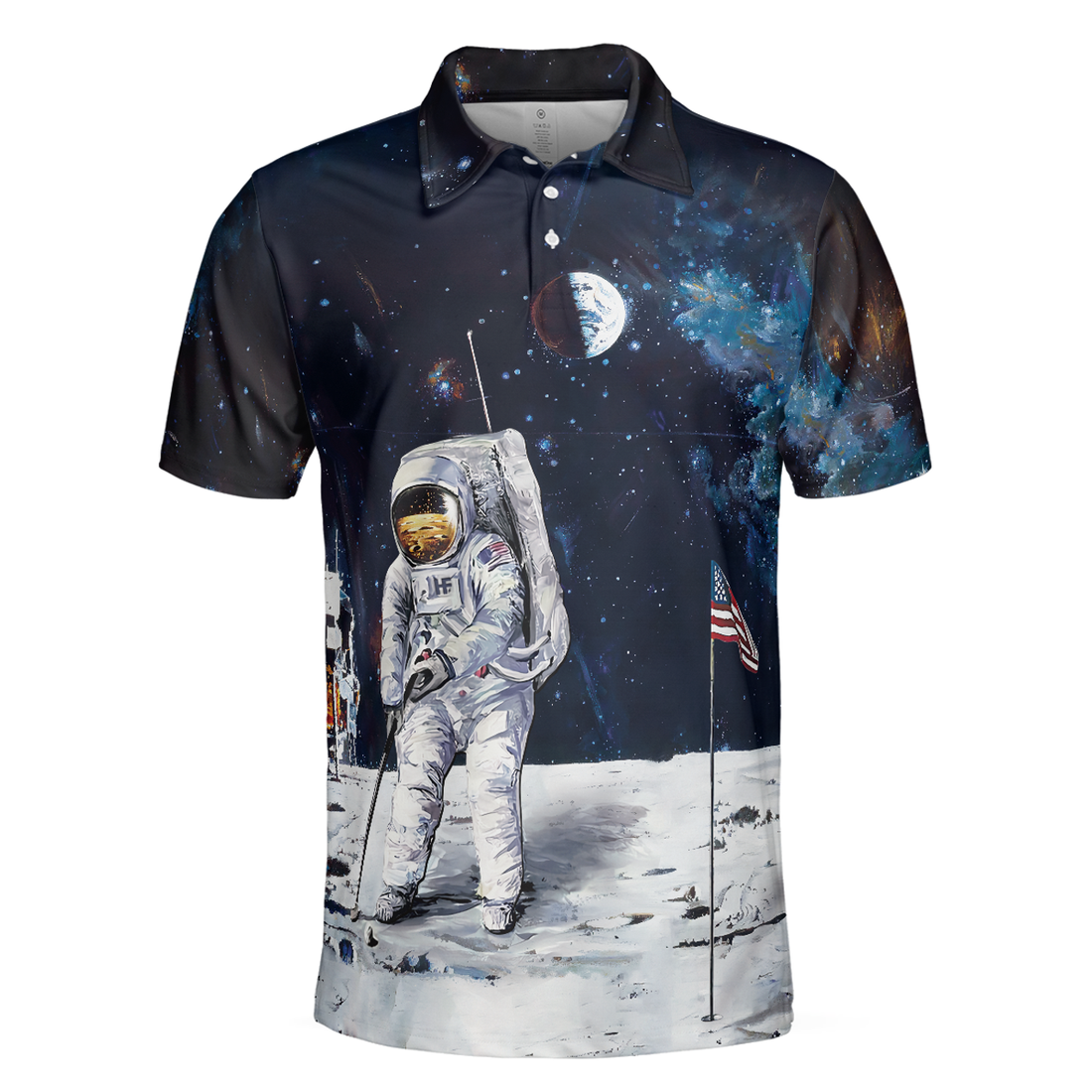 Men Polo Shirt - Astronaut Moon Golf Men Polo Shirt, Short Sleeve Polo Shirt - Gift For Golfer - American Flag Men Polo Shirt